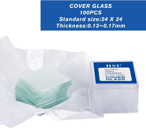 HSL Microscope Slides and Covers,24x24mm Square Cover Glass 100pcs and 50cps Blank Ground Edge Glass Slides for Monocular Binocular Trinocular Mic...