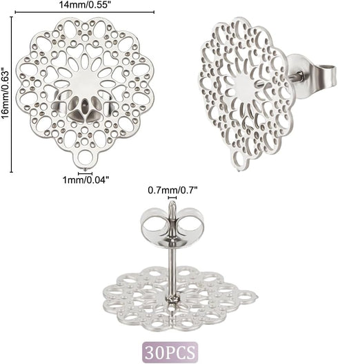 UNICRAFTALE 30pcs 304 Stainless Steel Stud Earrings with Loop Bohemian Hollow Flat Filigree Earrings Posts with Hole Ear Nuts Metal DIY Earring Ac...