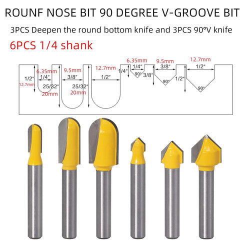 6PCS 1/4 Shank Carbide Rounf Nose Bit 90 Degree V-Groove Bit Suit 3D CNC Signmaking Lettering Engraving Router planing Head Wood Cutter Woodworkin...
