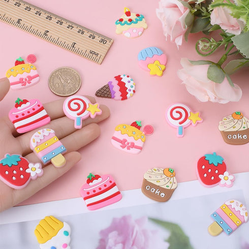 SUNNYCLUE 84pcs 14 Styles PVC Shoe Charms Cute Shoes Charm Flatback Cabochon Food Theme Plastic Summer Ice Cream Cake Strawberry Lollipop Pink Kaw...