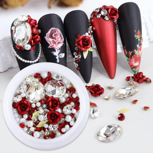 2 Boxes Flower Nail Charms 3D Rose Metal Acrylic Floral Nail Art Rhinestones with Pearls Red Rose Metal Flower Shiny Nail Gems Diamonds Nail Jewel...