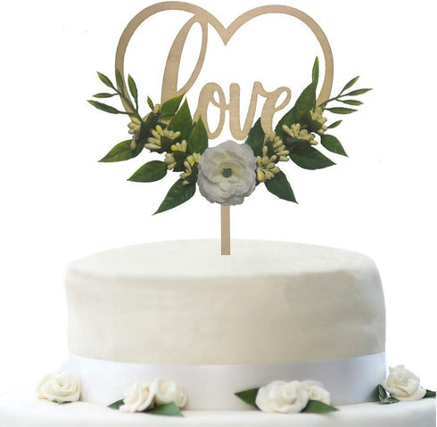 Wedding Cake Topper - Rustic Theme for Bridal Shower Engagement Anniversary Party Decoration , Personalized Heart Shaped , Wooden...