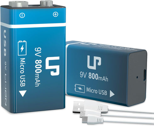 LP 9V Rechargeable Battery Pack, 2-Pack 800mAh Li-ion 9 Volt USB Battery with Micro USB Charging Port for Alarms, Wireless Microphones, Smoke Dete...