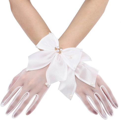 Campsis Wedding Gloves for Bride White Lace Glove Bow Short Bridal Gloves Pearl Opera Costume Dress Accessories for Women and Girls...