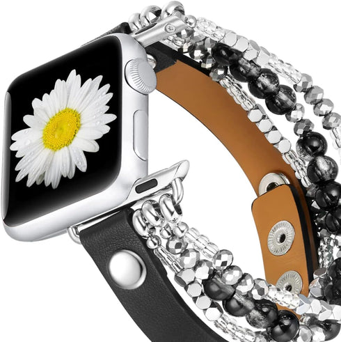 fastgo Bracelet Band Leather Compatible with Apple Watch 44mm 45mm 42mm 49mm Women, Dressy Fancy Elastic Beaded Jewelry Strap for Iwatch SE & Seri...