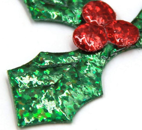 100 Pack Christmas Holly Leaves and Berries Appliques Laser Confetti Fabric Embellishment for Tree, Stocking, Scrapbook, Wreath, Cards Decorations...