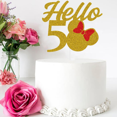 Mouse Inspired Hello 50 Cake Topper for 50th Birthday/Wedding Anniversary Party Decorations Supplies Gold and Red Glitter...