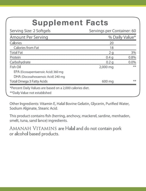 Omega 3 Fish Oil 2000 mg - Halal Vitamins - 120 Softgels...