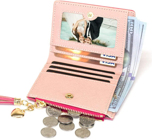 Womens Small Wallet Mini Purse Bifold Slim Card Case Holder Zipper Coin Pocket (Barbie Pink)...