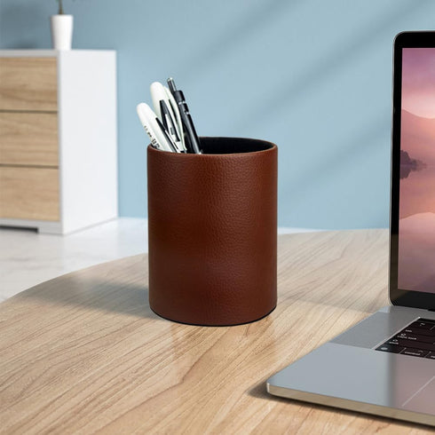 Pen Pencil Holder Cup Container PU Leather Desk Organizer Stand Decor Brush Scissor Holder Decoration Office Desk Home School (3.3" x 3.3" x 4", B...