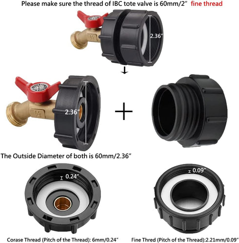 275-330 Gallon IBC Tote Tank Adapter 2" Fine Thread - 1/2" Male NPT Inlet × 3/4" Male GHT Outlet, Brass hose Faucet Garden Hose Connector...