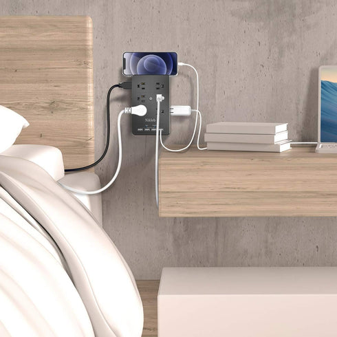 Multiple Plug Outlet Extender Nikleb, Surge Protector 12 Outlets, Plug Extender with 4 USB Ports Shared 4.8A, Wall Outlet Covers with Phone Holder...