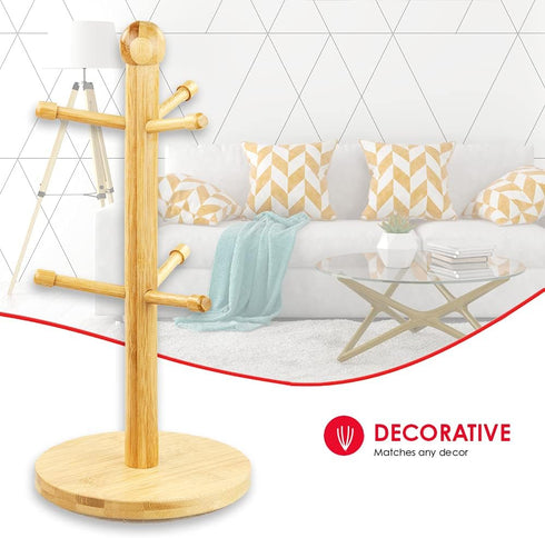 Home Basics Bamboo Mug Tree, Holds Up to 6 Coffee Cups, Free Standing, Circular Base, Kitchen Countertop, Beige (1)...