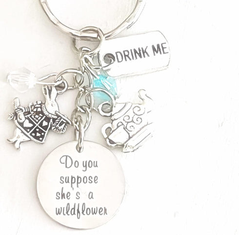 Do You Suppose She's a Wildflower Alice in Wonderland Inspired Silver Charm Keychain Accessories Gift of Love,3inch...