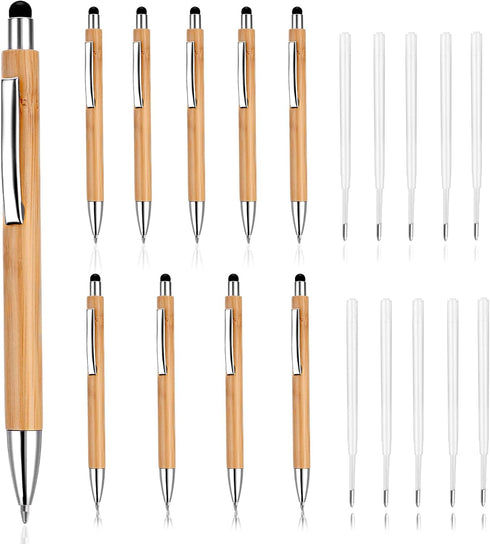 Retractable Ballpoint Pen with Stylus Tip, 10 Bamboo Wooden Ball Point Pens with 10 Replaceable Refills 1.0mm Medium Point Black Ink Pen Stylus Pe...