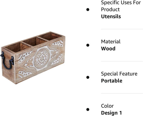 Wooden 3 Compartment Flatware Utensil Caddy Silverware Cutlery Holder for Party Fork Spoon Knife Holder Organizer Hand Carved CTH02...
