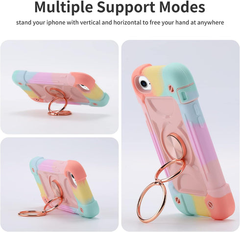 iPhone SE3/SE2/6/6S/7/8 4.7" Heavy-Duty Military Grade Rugged Case with Ring Stand & 2 Screen Protectors (Rainbow Pink)...