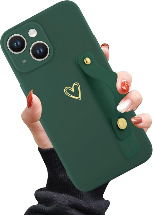 Phone Case Compatible with iPhone 15 Plus 6.7 Inch for Women Girls, Cute Gold Love Heart Pattern with Wrist Hand Holder Stand Slim Soft Silicone S...