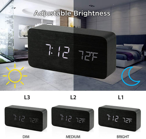 OCT17 Wooden Digital Alarm Clock, Multi-Function Smart Alarm Clock, LED Light Alarm Clock with USB Power Supply, Voice Control, Thermometer - Blac...