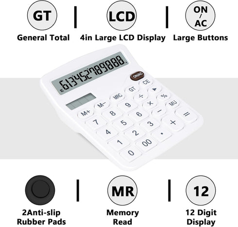 Cute White Desktop Calculator with Big Buttons, Dual Power Source, Solar and Battery, Large Display Screen - Perfect for Office, Teachers, and Stu...