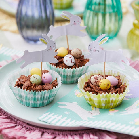 Easter Cupcake Cases for Baking & Bunny Rabbit Cake Toppers Decorations | 24x Green and Yellow Gingham Muffin Liners with Recipe| Activities for K...