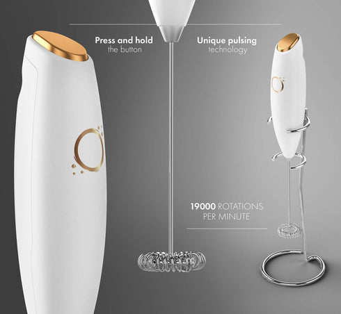 Milk Frother White - Coffee Frother Handheld with Electric Whisk - 19000 rpm - Book Recipes and Stainless Steel Stand Included - Hand Mixer Electr...