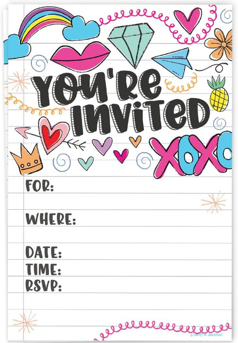 Fun Girl Doodles Invitations (20 Count) With Envelopes - Pre Teen - Tween Birthday Invitations...