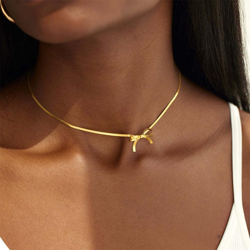 Dainty Gold Bow Ribbon Knot Jewelry Set with Stud Earrings Choker Necklace Bracelet for Women, Y2K Girly Cute Classic Snake Chain Bowknot Balletco...