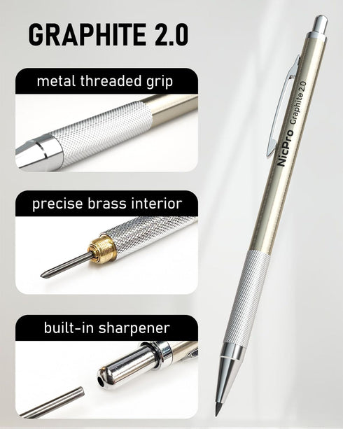 Nicpro 5 PCS Art Mechanical Pencils Set, Metal Drafting Pencil 0.3 & 0.5 & 0.7 & 0.9 & 2mm Graphite Lead Holder(4B 2B HB 2H Colored) for Sketching...