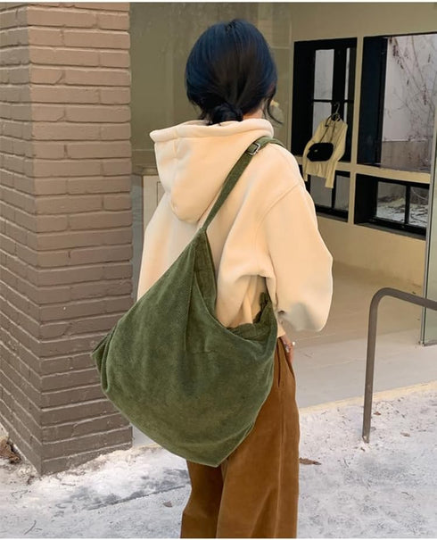 Women Large Corduroy Hobo Bag with Zipper Wide Strap Crossbody Bag Shoulder Bag Shopping Bag Purse Handbag...