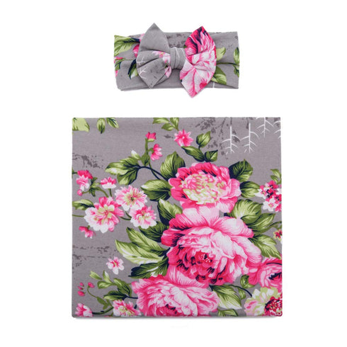 Galabloomer Newborn Receiving Blanket Headband Set Baby Flower Rose Swaddle with Big Bow (Gray)...