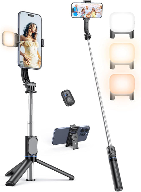 Selfie Stick Tripod with Light and Detachable Phone Holder, 41.7" Extendable Phone Tripod with Remote, 360° Rotatable Tripod Stand for iPhone, Sam...