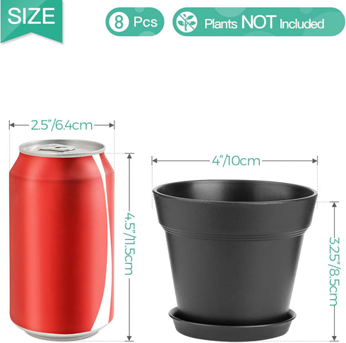 T4U 4 Inch Plant Pots 8-Pack - Small Plastic Planter with Drainage Hole and Saucer, Decorative Nursery Pot Bulk for African Violet, Snake Plant, S...