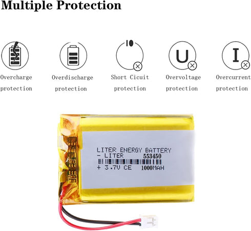 Liter Energy Battery 3.7V Lipo Battery 1000mAh Rechargeable Lithium ion Polymer Battery 553450 Lithium Polymer ion Battery with JST Connector...