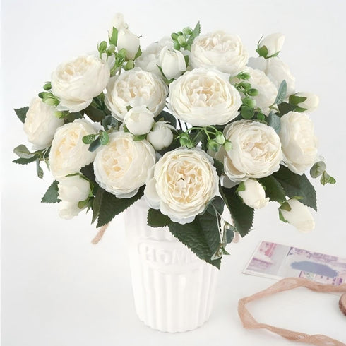 Artificial Peony Flowers Silk Peony Rose Real Touch Fake Flowers 3pcs Single Stem with 5 Heads Bouquet for Home Wedding Party Decoration (White)...