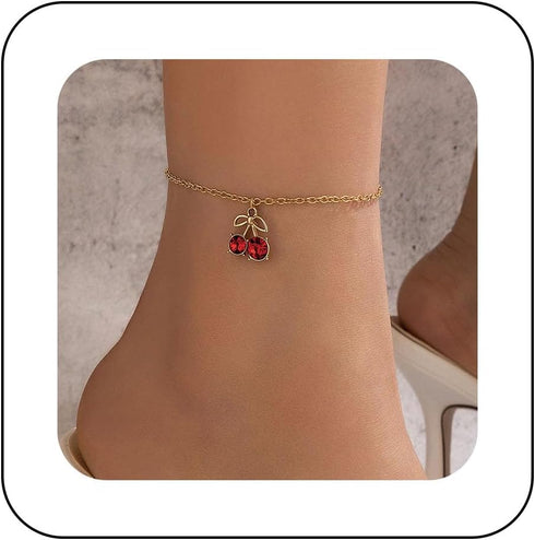Vintage Red Cherry Anklet Chain Red Ruby Dangle Ankle Bracelet Gold Chain Anklet Bracelet Summer Beach Foot Chain Jewellery for Women...