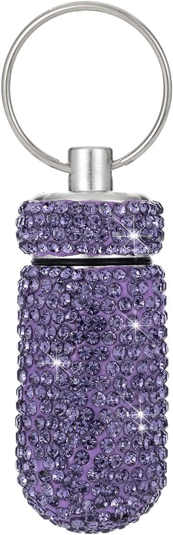 Purple Pill Holder Keychain, Holder Pill Container Keychain Mini Size Waterproof and Light Weight Portable Pill Bottle Case, Bling Aluminum Key Ch...
