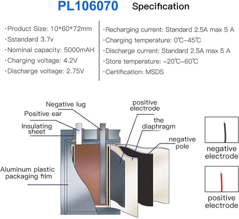 3.7V 5000mAh Battery 106070 Lithium Polymer Ion Rechargeable Li-ion Li-Po Battery with 2P PH 2.0mm Pitch Connector...