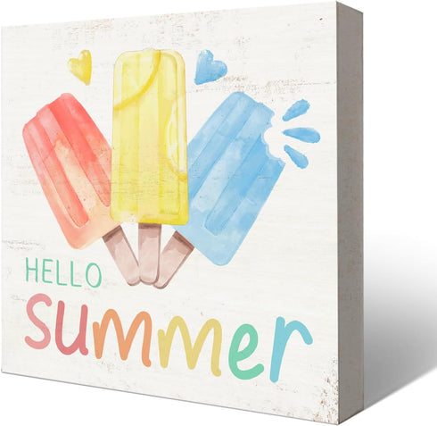 Summer-Home-Decor-Wooden-Box,Hello Summer,Summer Decorations for Home Office Indoor Farmhouse Kitchen Shelf Table,5x5 Inch...