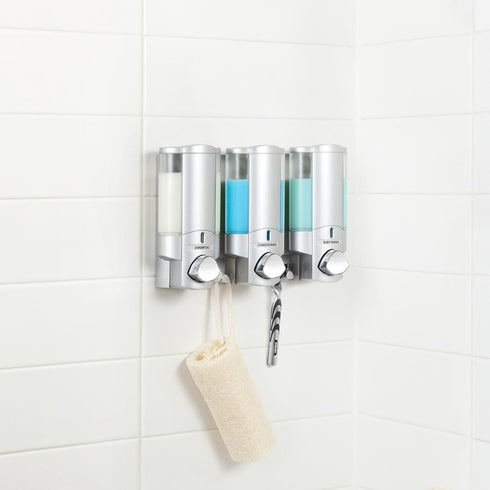 Better Living Aviva Shower Dispenser 3 Chamber, Wall Mount Shower Soap Dispenser for Bathroom Hotel Body Wash, Built-in Hooks, No Drill, Waterproo...