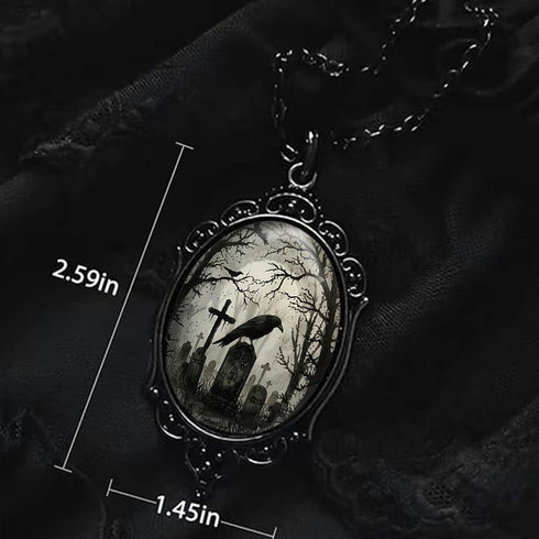 Raven Cross Glass Pendant, Vintage Gothic Cameo Necklace, Mystic Witch Jewelry Gift...