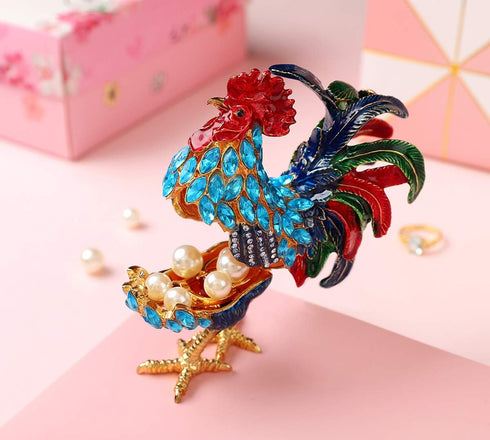 Rooster Trinket Boxes Hinged Enameled Jewelry Box Hand-Painted Animals Ornaments Craft Gift for Home Decor (Blue)...