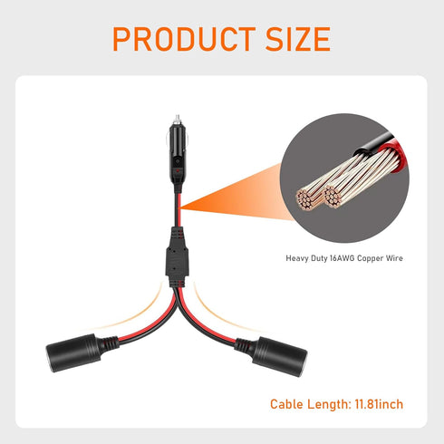 Pack-1 Car Cigarette Lighter Extension Cord, 11.8" PVC Splitter Y Adapter, Power Charger Port, 16AWG Automotive Socket Extension Cable, Universal ...
