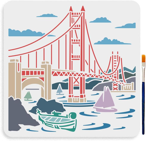 Golden Gate Bridge Stencil 11.8×11.8inch Large Bridge River Boat Stencil Reusable Cityscape Silhoutte Drawing Template with Paint Brush for Art Cr...