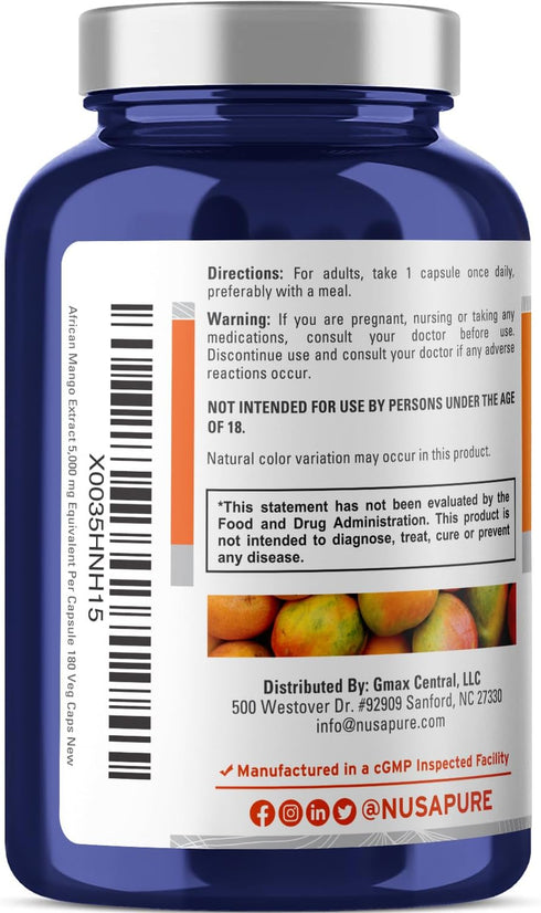 NusaPure African Mango Extract 5,000 mg per Veggie Caps 180 Capsules (Non-GMO, Gluten Free)...