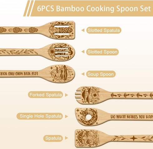 GLOBLELAND 6Pcs Mushroom Bamboo Cooking Utensils Wooden Engraved Cooking Spoons Set Carving Kitchen Bamboo Spatula Set Wood Cooking Spoon for Kitc...
