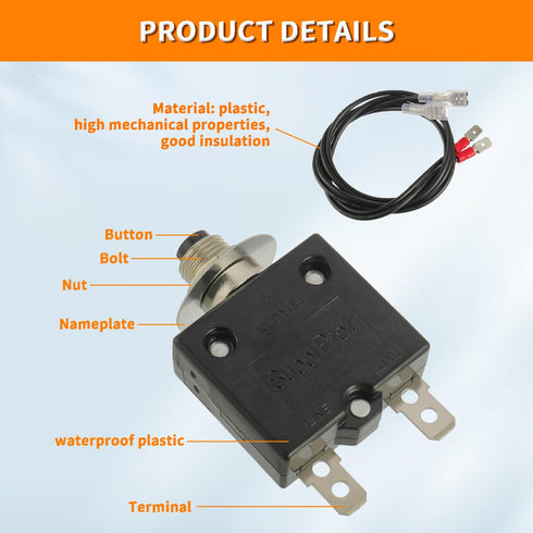 Push Button Circuit Breaker 3 Amp, Fuse Tester Manual Reset 32V, Low Voltage Protection, with 18 AWG wires?Hex Nut?Grip Nut Ring...