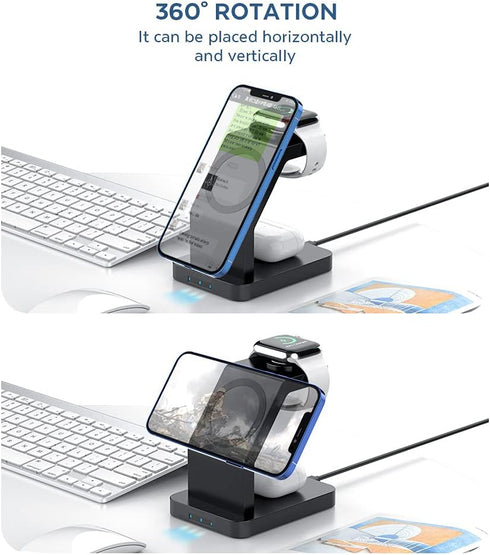 Magnetic Wireless Charger, 3 in 1 Wireless Charging Station Compatible with iPhone 15/14/13/12 Series, Watch Charger Stand for iWatch Ultra 2/9/8/...