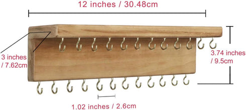 SANY DAYO HOME Jewelry Organizer with 24 Hooks and Cosmetics Shelf, 12 x 3 x 4 inches Wall Mounted Rustic Pine Wood Holder for Necklaces and Brace...