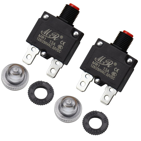 13 Amps Thermal Circuit Breakers 125/250V AC 32V DC Push Button Manual Reset Overload Protector Switch 13A 2 Pack with Transparent cover...